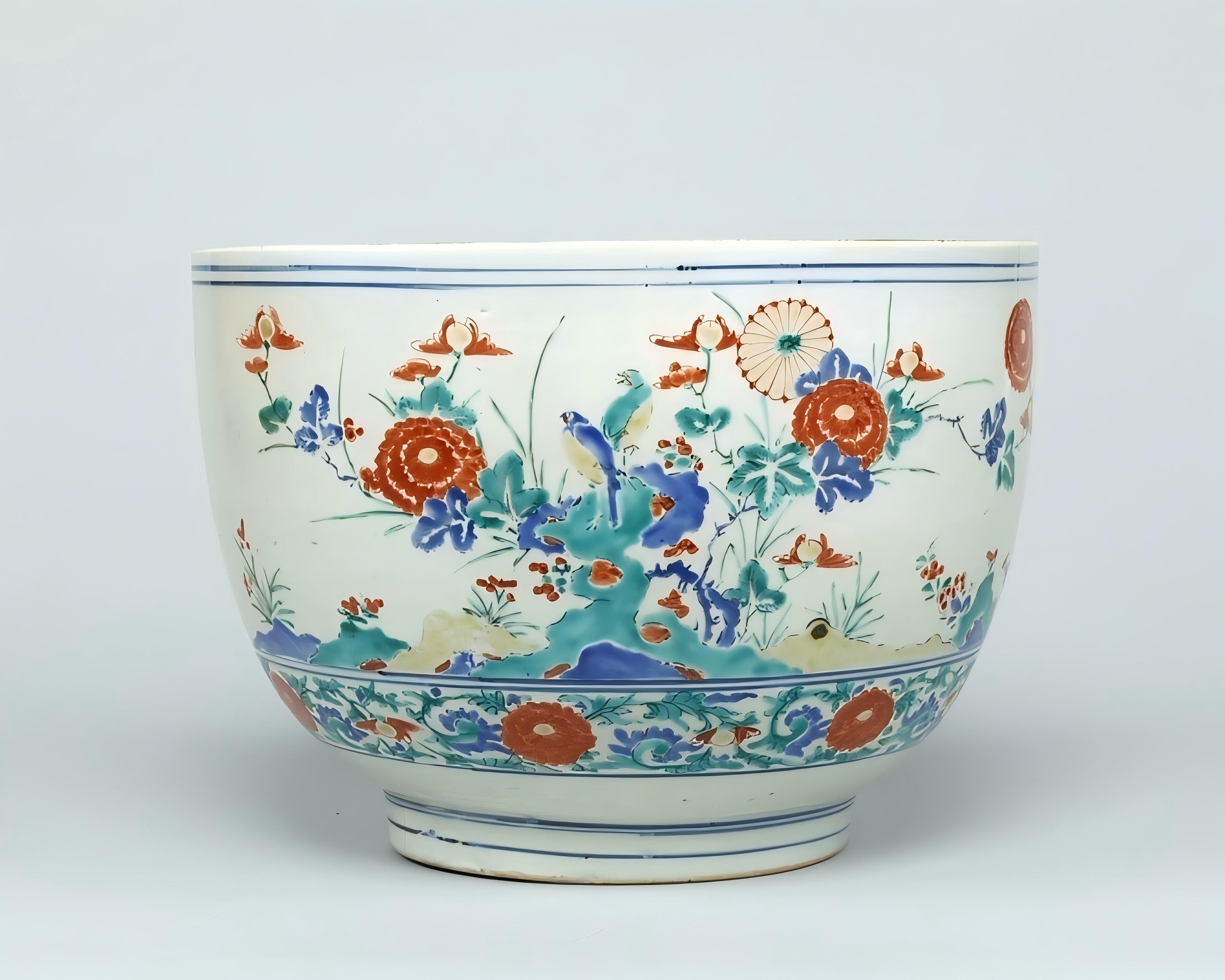 Hand-Painted Polychrome Floral Large Porcelain Bowl